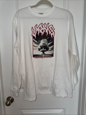 Vans White Long Sleeve Tee with Black & Red Graphic